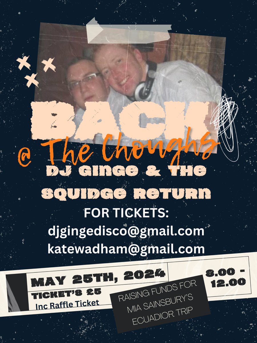 DJ Ginge (@djgingedisco) on Twitter photo Don’t forget to get your tickets sorted!
Email:
djgingedisco@gmail.com
katewadham@gmail.com
Also available from Ilminster Cricket Club.
The ticket includes entry to the raffle.
All funds raised going towards Mia Sainsbury Equador expedition. Don’t forget to get your tickets sorted!
Email:
djgingedisco@gmail.com
katewadham@gmail.com
Also available from Ilminster Cricket Club.
The ticket includes entry to the raffle.
All funds raised going towards Mia Sainsbury Equador expedition.