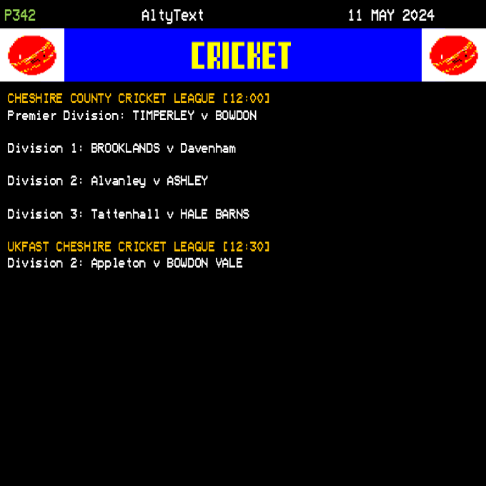 #AltyText - Cricket. Here's today's fixtures for @Timperley_CC, @BowdonCricket, @Brooklands_CC, @CricketAshleyCC, @HaleBarnsCC and @BowdonValeCC. #RadioAltySport