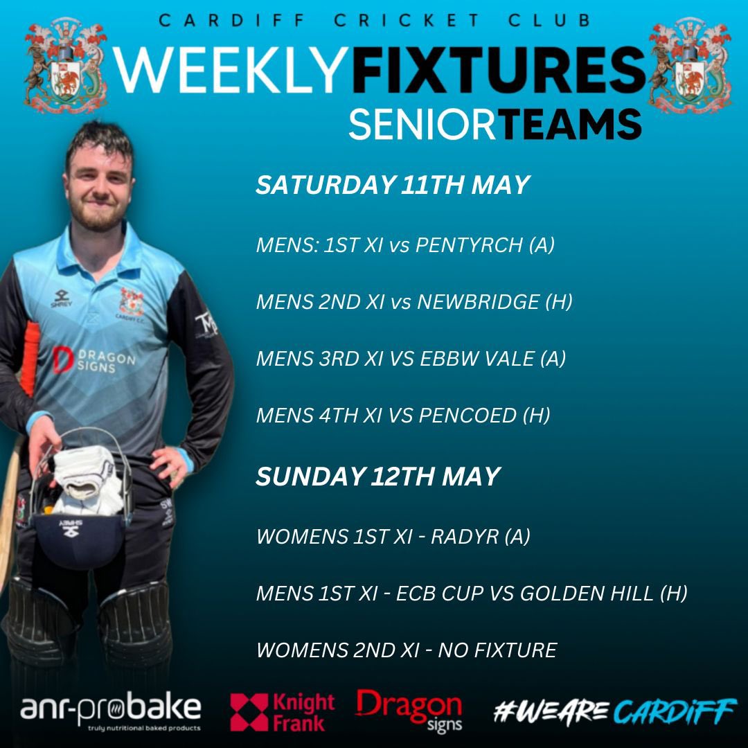 💙🖤FIXTURES🖤💙

Absolutely amazing  to get 7 teams playing this week!

Headlined by our 1st XI trip to @PentyrchCricket to play against our friend @PremSisodiya16 🔥

Pob lwc!

#WeAreCardiff #CardiffCC