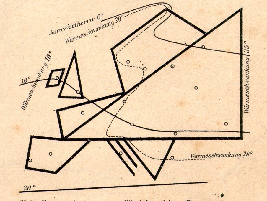 A Modernist avant la lettre weather map of Europe by Austrian Lieutenant Colonel Emil Letoschek, published in Vienna in 1888