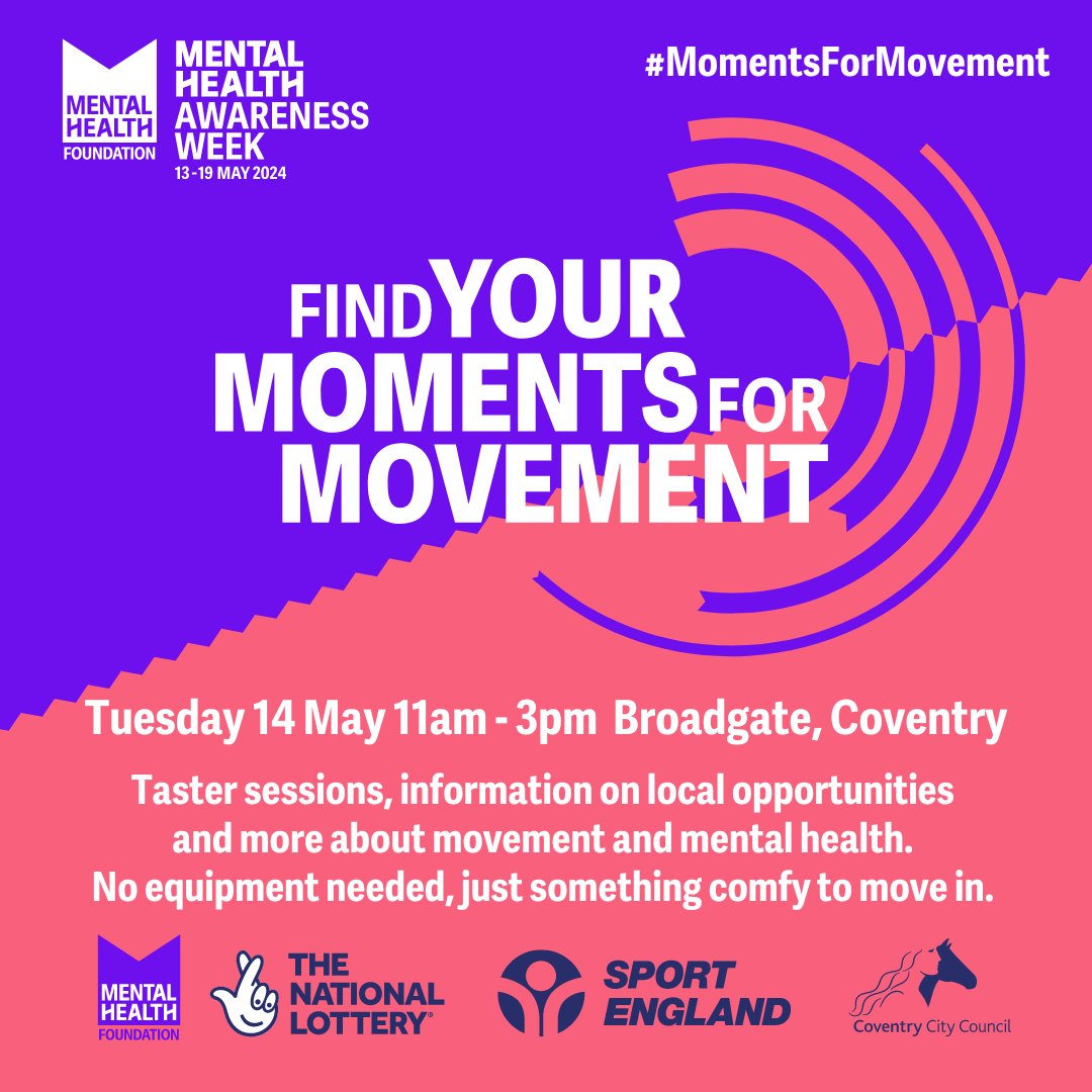 📅 Tuesday 14 May ⏰ 11am-3pm Join @mentalhealth in Coventry to find your moments for movement by getting involved in taster sessions, like boxing, soft archery and handball, and speak to local organisations who provide mental health support 🥊🏹🏐