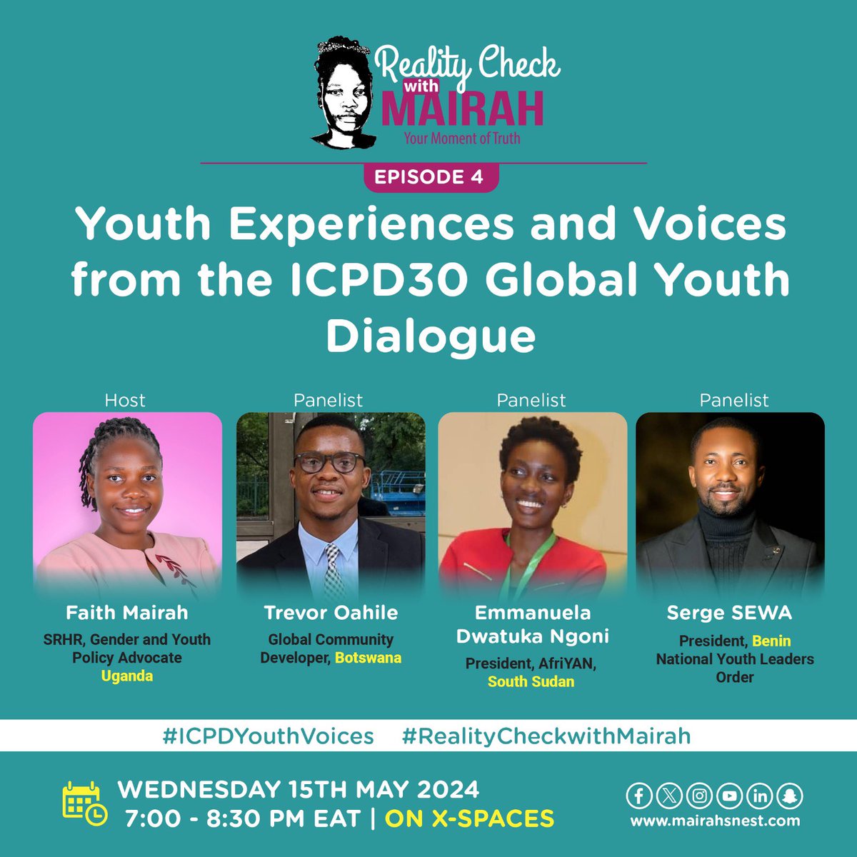 Fmairah1's tweet photo. Did you miss the #ICPD30 Global Youth Dialogue in Cotonou, Benin?
Are you curious about what happened there? Wonder no more, on our next #RealityCheckwithMairah episode you will get to listen from young leaders who attended in person share their experiences and how they are carrying the ICPD agenda forward.
Set a reminder to the space here:https://t.co/SgXV1K4HH3
@UNFPAUganda @trevoroahile @sergesewa @DwatukaNgoni
#ICPDYouthVoices