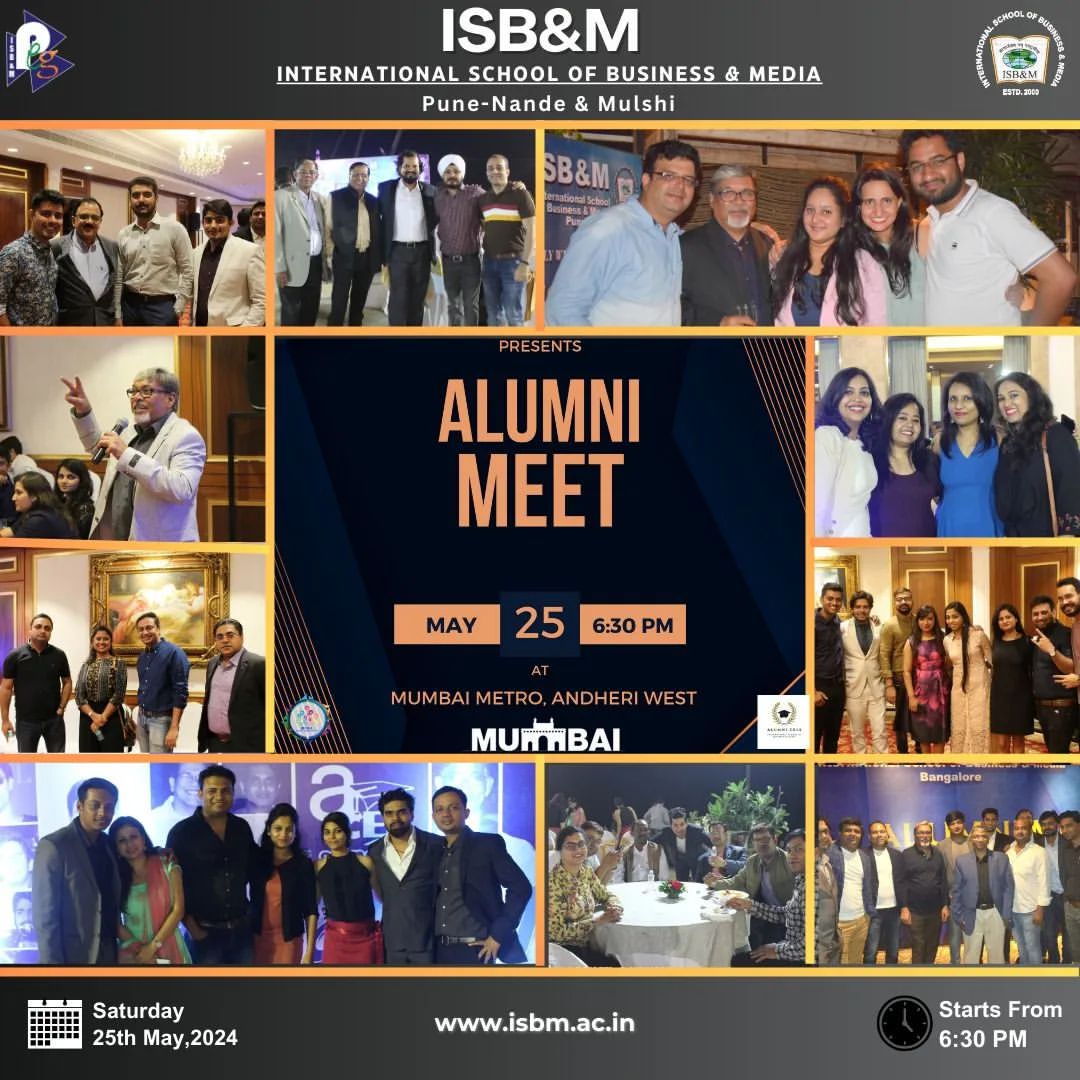 Calling all ISB&M Mumbai alumni for an unforgettable Alumni Meet 2024 on May 25th! Gather your memories, reconnect with old friends, and celebrate the journeys since graduation. Save the date for an evening of laughter, nostalgia, and endless possibilities! #ISBMAlumniMeet2024