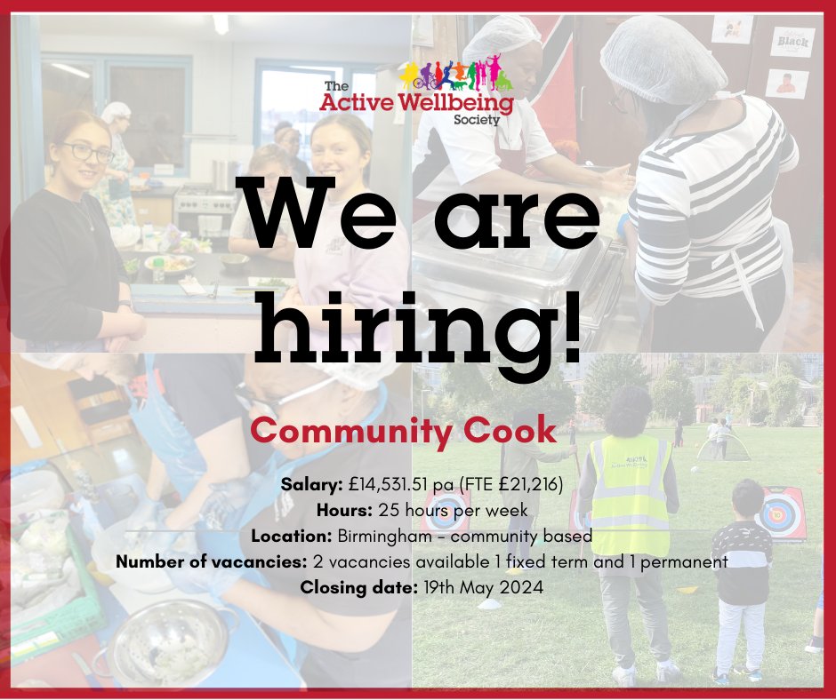 📢 We’re hiring for two Community Cooks. ℹ As a Community Cook, you’ll be responsible for ensuring the efficient running of community café sessions, menu planning and cooking. 💻 Apply by midnight on Sunday 19th May 2024 here: bit.ly/3ULagid #birminghamjobs #jobs