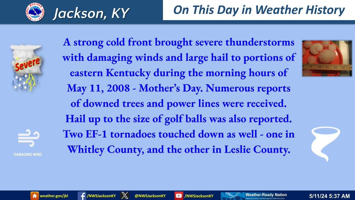 Severe thunderstorms produced damaging winds, large hail, and tornadoes across portions of eastern Kentucky during the morning hours of May 11, 2008 - Mother’s Day. Numerous trees and power lines were downed. Hail up to the size of golf balls was also reported. #kywx #ekywx