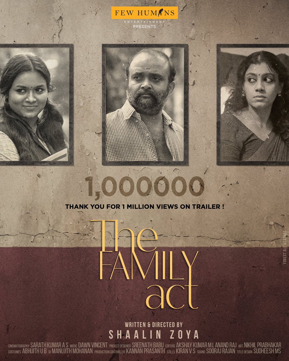 My directories feature movie ‘The Family Act’s official trailer has crossed more than 1 Million views on YouTube. Thank you very much for this. This makes me genuinely so happy in my heart. Thank you Mammukka for releasing the official trailer.