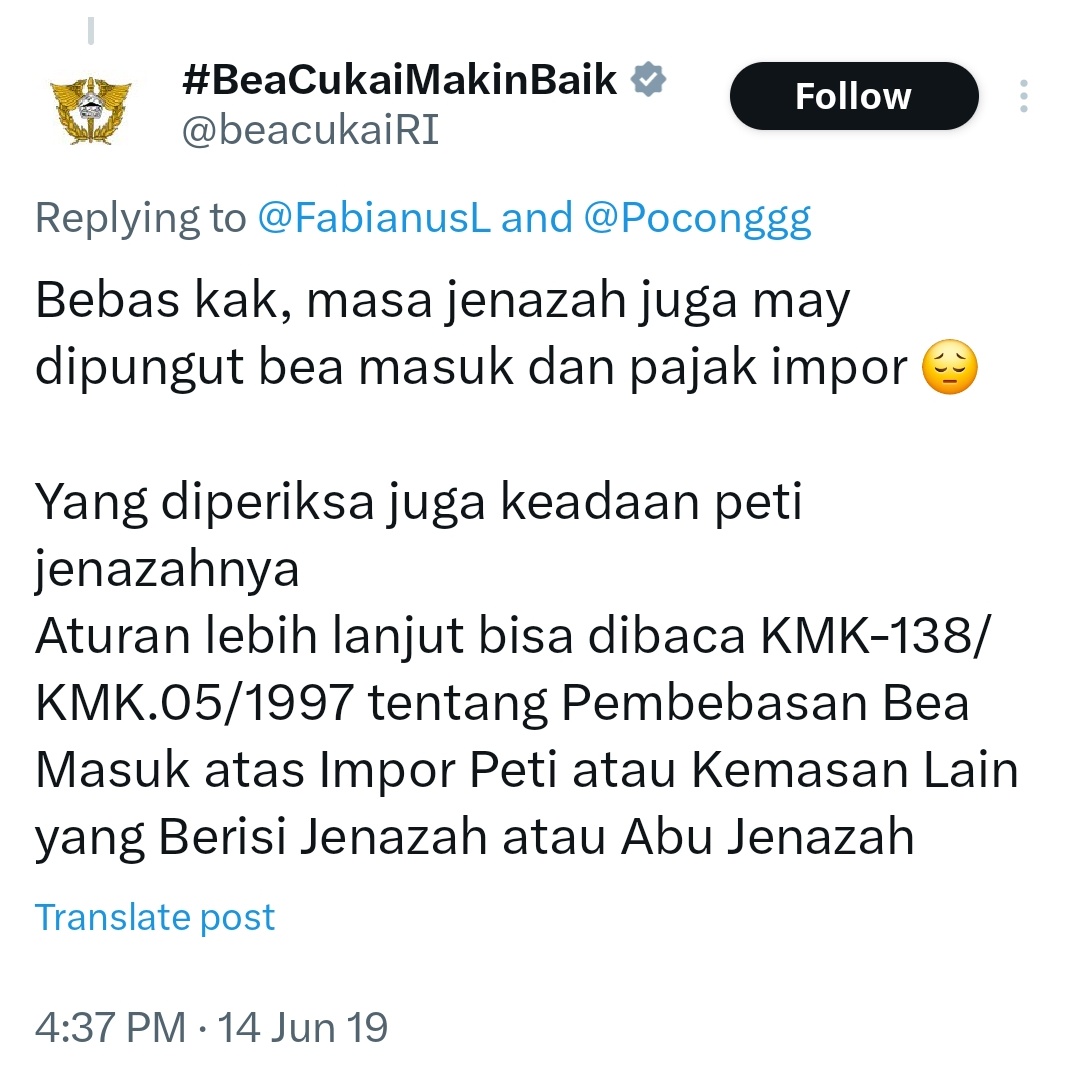 Peti jenazah impor itu mendapat fasilitas pembebasan Bea Masuk dan juga Pajak Dalam Rangka Impor (PDRI). Mudah²an dalam pelaksanaannya sesuai dengan KMK 138/1997 ini. Mosok orang mati juga maaih dipungut biaya.