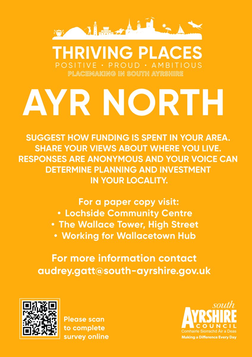 Through our Thriving Places project, we aim to support communities to identify local issues & develop plans to address these, ensuring our places are something we can all be proud of. You can have your say on how funding is spent in North Ayr by visiting forms.office.com/e/3xW3rdtKth