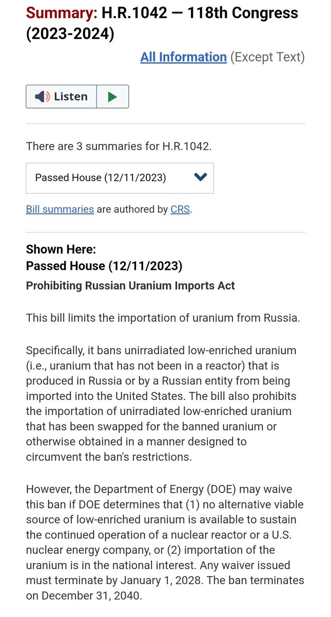 ⚡Full text and Summary of the final version of 'H.R.1042 - Prohibiting Russian #Uranium Imports Act', signed off by the House Speaker & Vice President and presented to the President, is available for download here:🔽 congress.gov/118/bills/hr10… 👉Important to note that the Act…