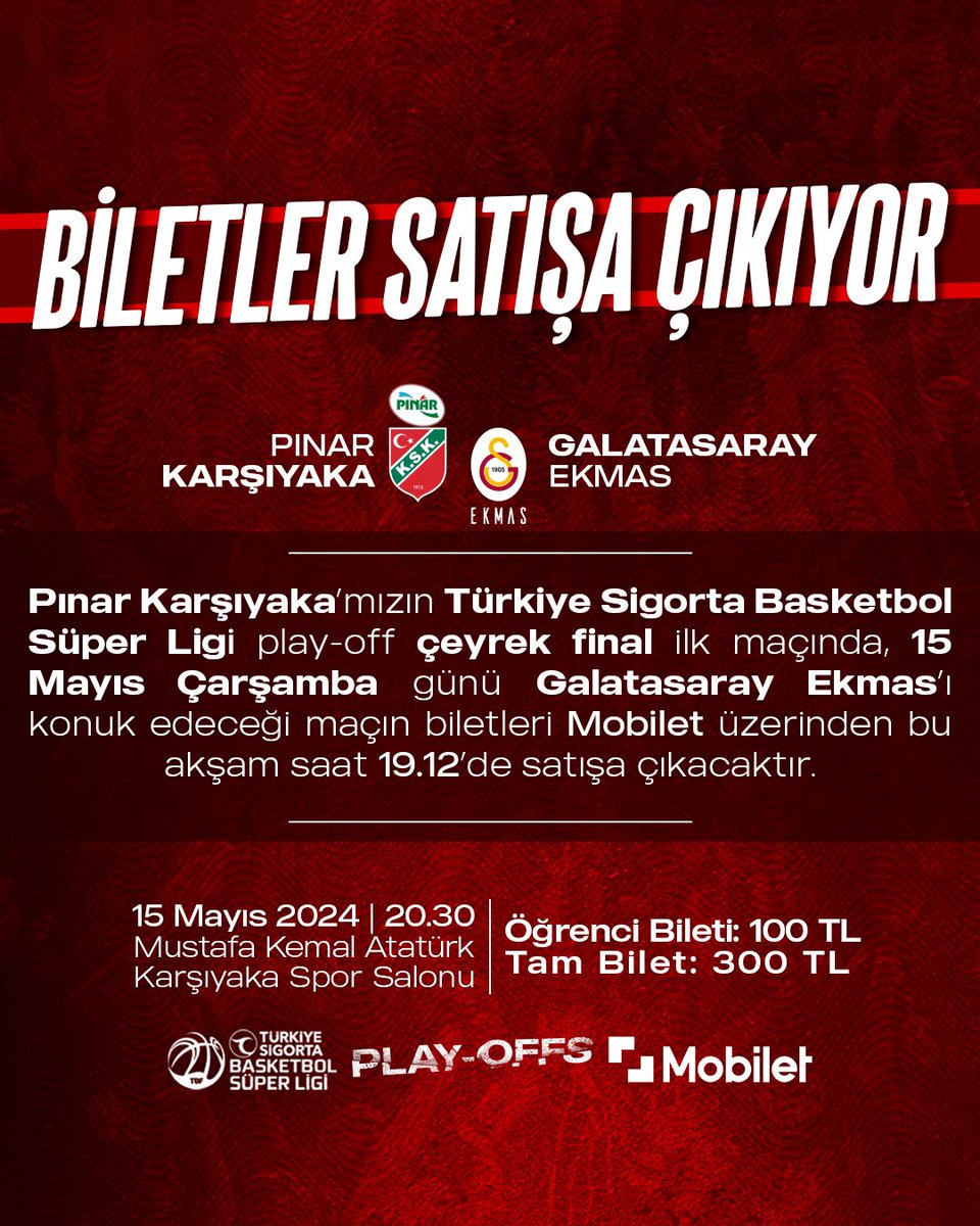📢 Pınar Karşıyaka’mızın Türkiye Sigorta Basketbol Süper Ligi play-off çeyrek finalinde Galatasaray Ekmas’ı konuk edeceği maçın biletleri hakkında bilgilendirme ⤵️