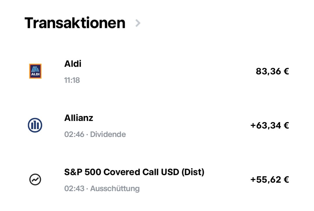 Irgendwie fetzt das mit den Dividenden. Heute Nacht kam Allianz und der Monatszahler CC S&P 500 ETF. Damit war der Einkauf gleich wieder finanziert. Und mit Saveback sind durch den Einkauf wieder 84 Cent in den Global Quality Income ETF gewandert 🙃
#Dividendenkult