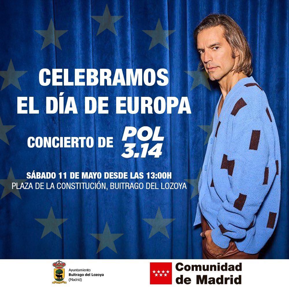 🇪🇺 Las celebraciones de #MadridPorEuropa siguen en los municipios de la @ComunidadMadrid. 🎸 A las 13:00 es el concierto de @Pol314oficial en #BuitragodelLozoya. 😉 ¡No te lo pierdas!