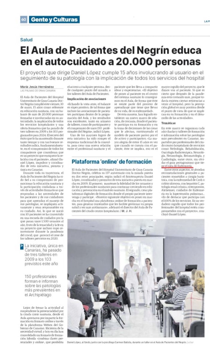 Enhorabuena por el proyecto AULA DE PACIENTES del Hospital Dr Negrin que tras 15 años ha buscado poner en contacto a pacientes, familiares, profesionales, personas cuidadoras, asociaciones y ciudadanía en general para que, entre todos, puedan compartir experiencias y