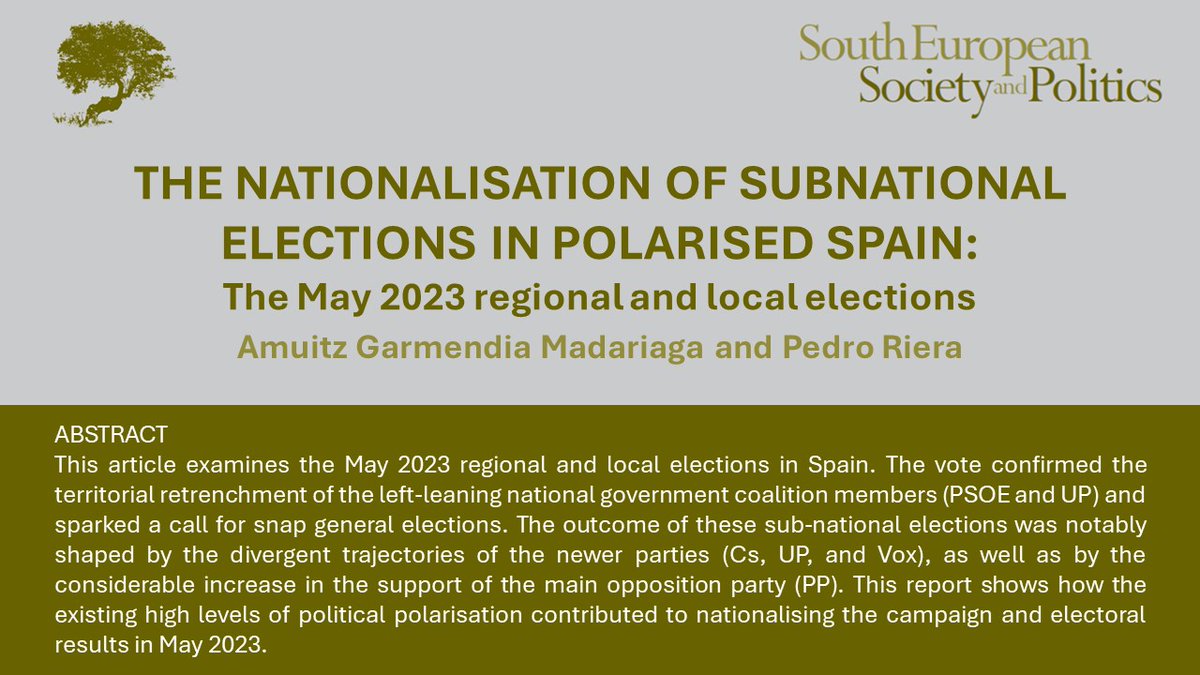 On the eve of the Elections in #Catalonia, READ #FreeAccess 🆓⏳ ‘The nationalisation of subnational elections in polarised #Spain: the May 2023 regional and local elections’ by @amuitzgarmendia & @RieraPedro tandfonline.com/doi/full/10.10…
