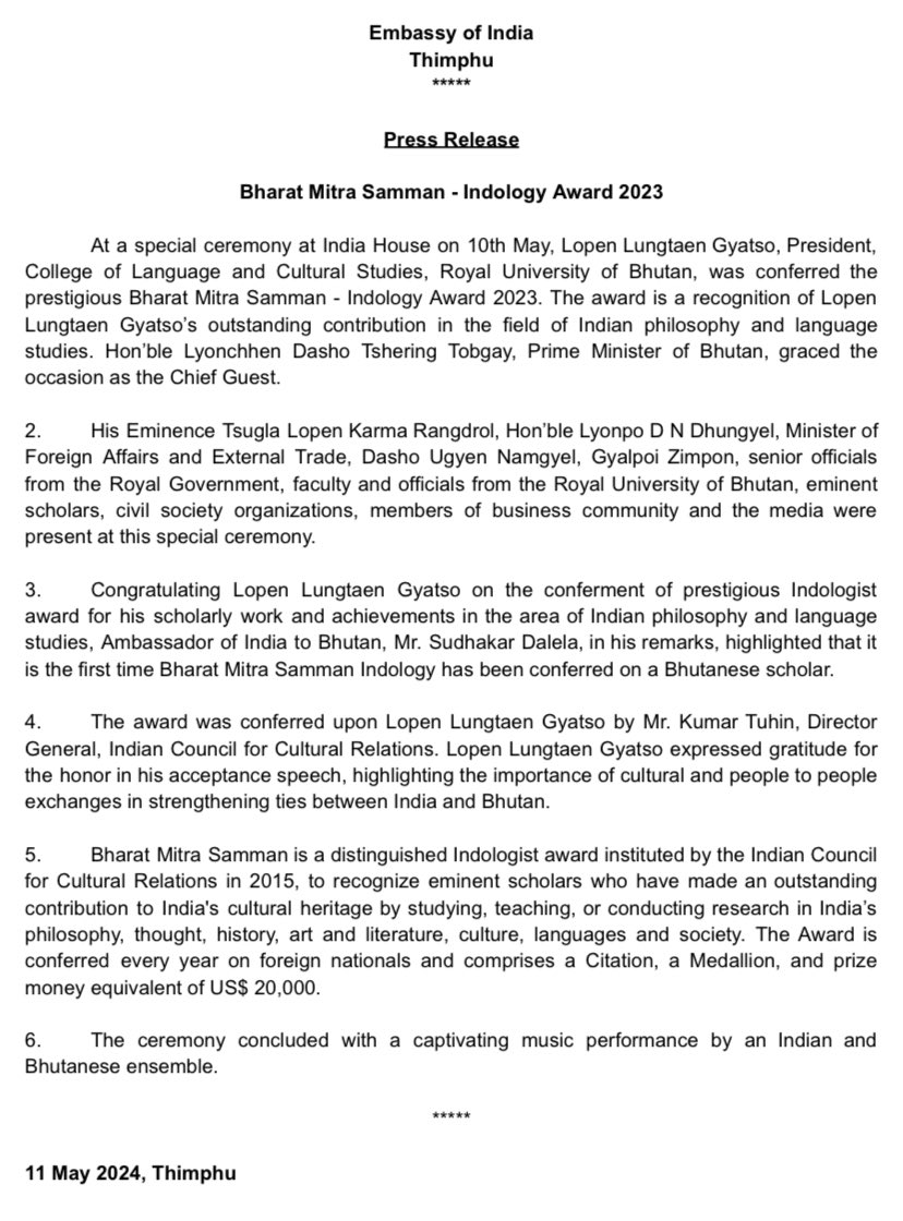 🇮🇳🇧🇹 Press Release Bharat Mitra Samman - Indology Award 2023 conferred upon Lopen Lungtaen Gyatso, President, College of Language and Cultural Studies, Royal University of Bhutan 🔗 indembthimphu.gov.in/public_files/a…