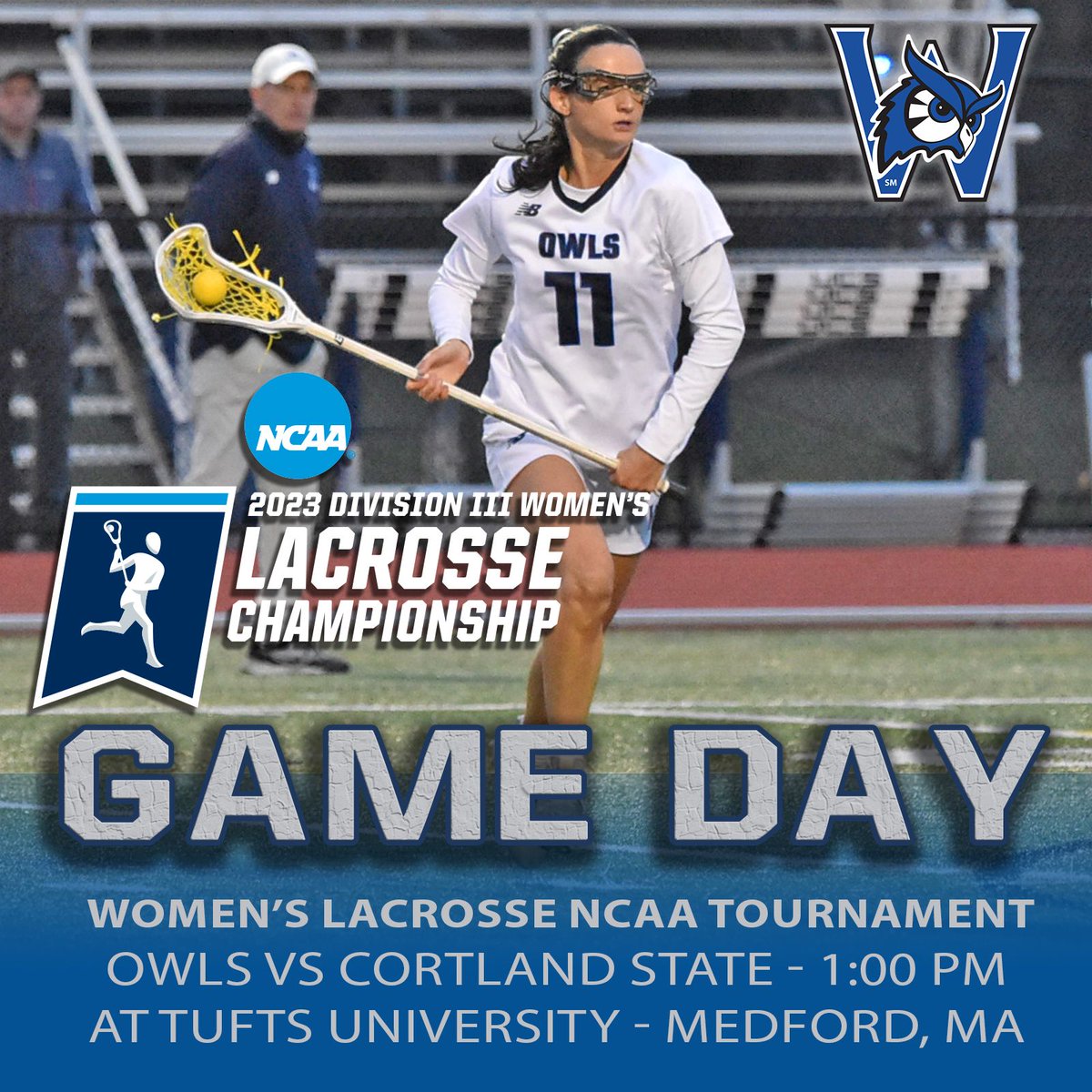 🥍🥍 TOURNAMENT TIME🥍 🥍 Women's lacrosse prepares to embark on their sixth NCAA Tournament appearance as the Owls take on Cortland State in a first round game at 1:00 P.M. from Tufts University! Video, live stats, and tournament coverage at WestfieldStateOwls.com #LetsGoOwls