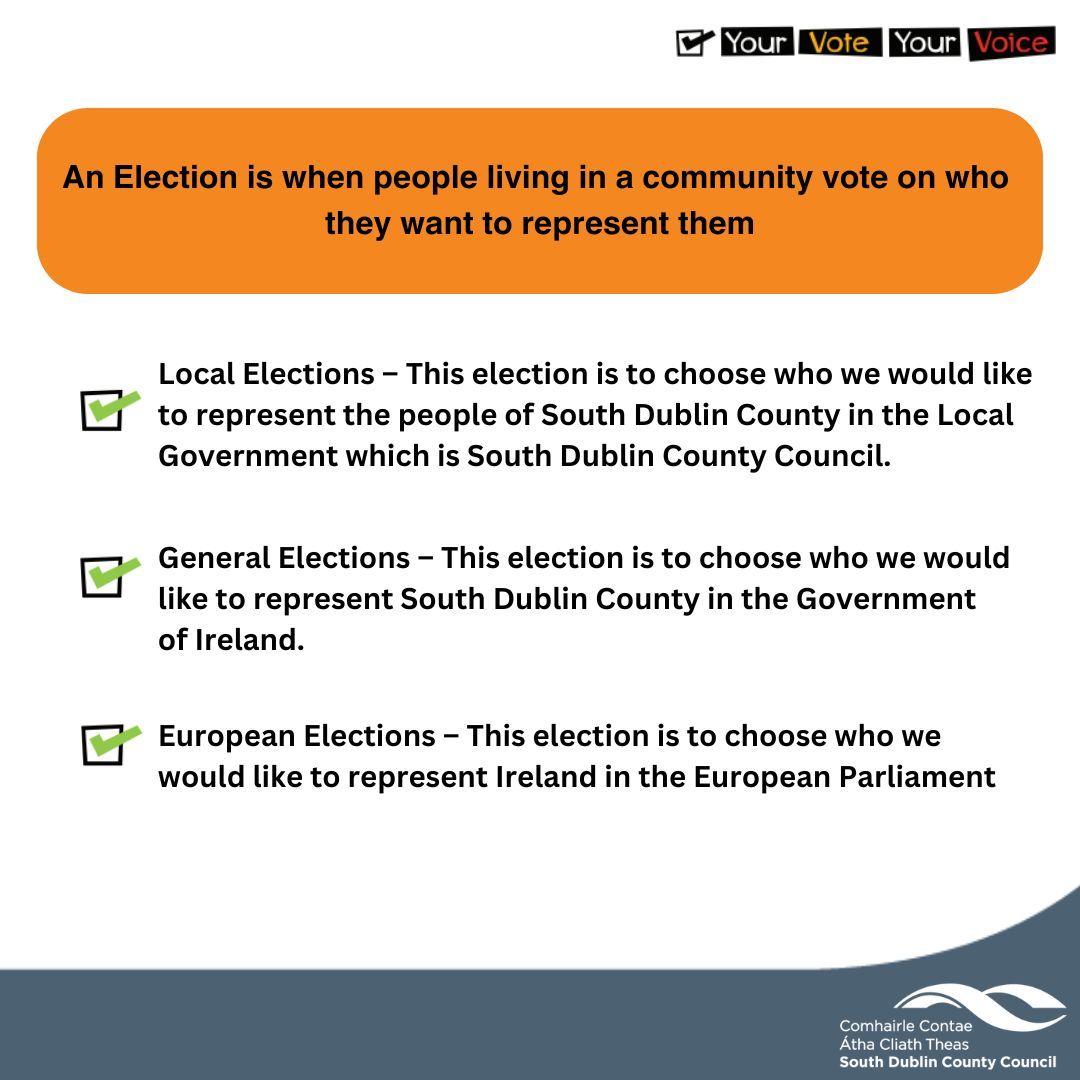 An Election is when people living in a community vote on who they want to represent them. Click here to find out more about the upcoming elections in Ireland and how to exercise your right to vote 🗳️ buff.ly/3vtMVYG #YourVoteYourVoice