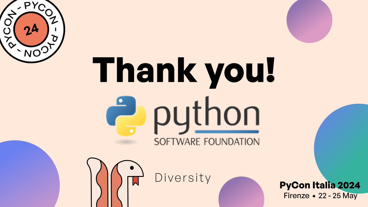 Very happy and grateful to have Python Software Foundation as Diversity sponsor at PyCon Italia 2024!  🎉 Thanks to them and our other diversity sponsors, we can help anyone who needs financial aid attend our conference! Learn more about them here: python.org