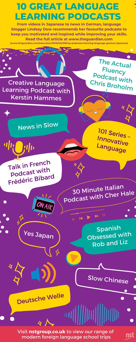 Check out this list of top 10 language learning podcasts to keep listeners motivated and inspired while improving their skills - as recommended by language blogger, Lindsay Dow. 
ow.ly/6TqI50RuAYB

View NST's MFL trips:
ow.ly/zHgv50RuAYC

#mfltwitterati