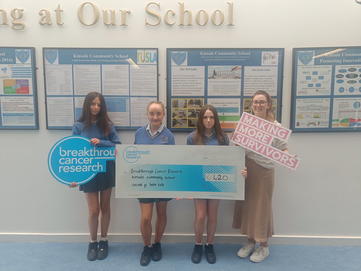 Congratulations to second year students Ava Hurley, Megan Aherne, Caoimhe Comyns and Carolyn O'Leary for raising €420 for Breakthrough Cancer Research as part of their CSPE CBA. They presented their check to Edel Twomey from Breakthrough Cancer Research this week.