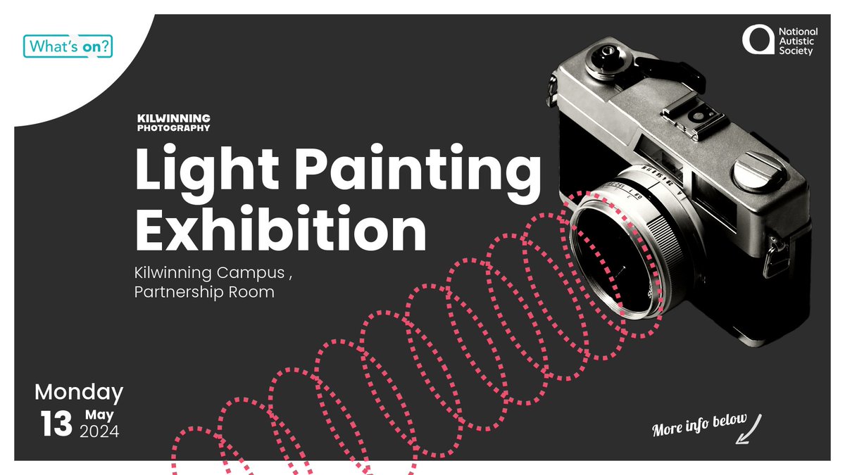 LIGHT PAINTING EXHIBITION! Our very talented level 5 and 6 photography students are showcasing their work: 💡Monday 13th May 2024 💡Kilwinning Campus, Partnership Room 💡10am-3pm We are also raising money for the National Autistic Society 😃