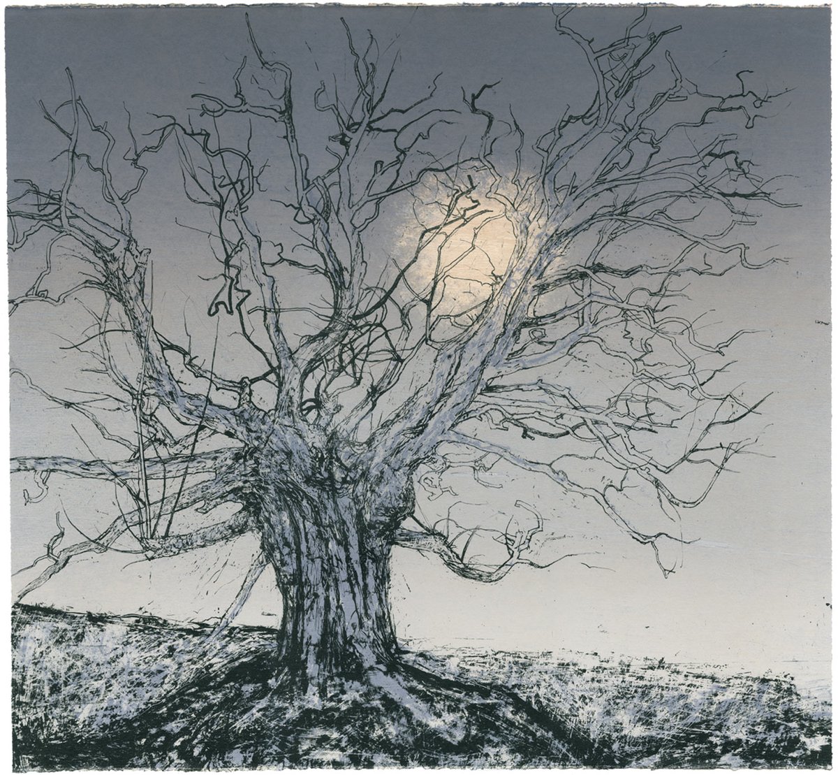 Victoria Crowe; Resilient Tree, Rising Moon. This stunning, delicately layered, five colour print combines woodblock, screenprint and lithography. Available in our shop or online: ow.ly/2rOw50Rygv3