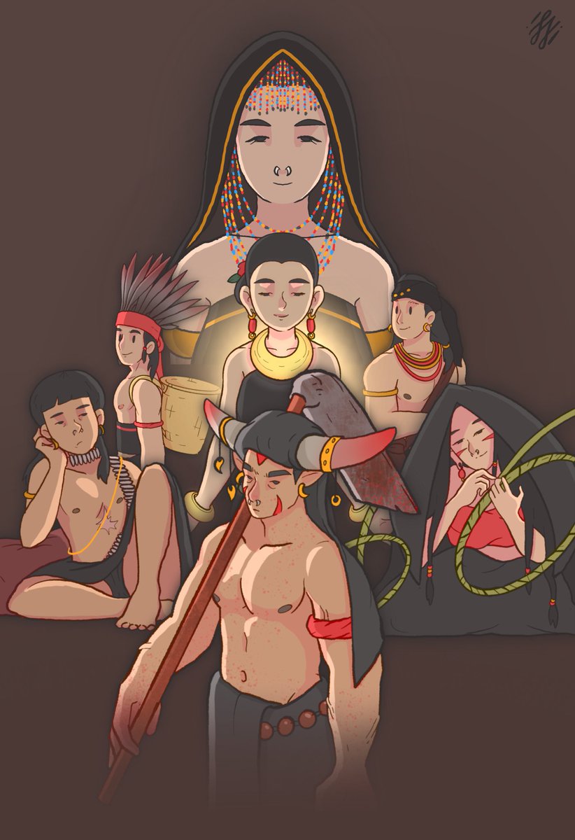 'Kinorohingan & Simunundu had seven children.' If you've been following, I uploaded 7 artworks today depicting Sabah's folklore! I hope you enjoyed them as I was creating them. ⭐️ Here they are in one artwork! Can you imagine an animated movie with my art style? Hahahha 😂.