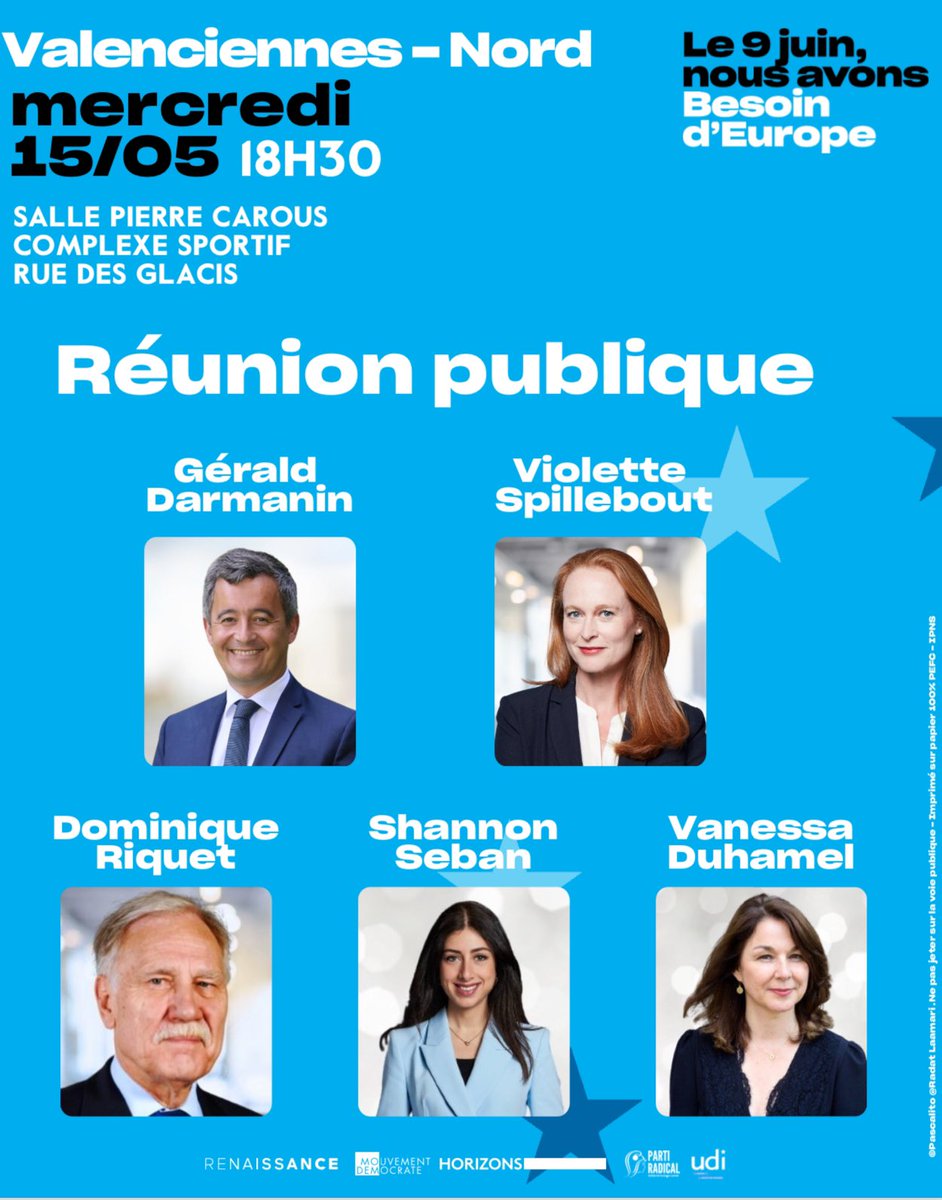 Retrouvez-nous mercredi 15 mai à 18h30 à Valenciennes, dans le Nord, avec @VSpillebout, @DominiqueRiquet, @ShannonSeban et @duhamel_vanessa pour parler de l’engagement de l’Europe dans notre beau département et soutenir notre candidate aux élections européennes @ValerieHayer.