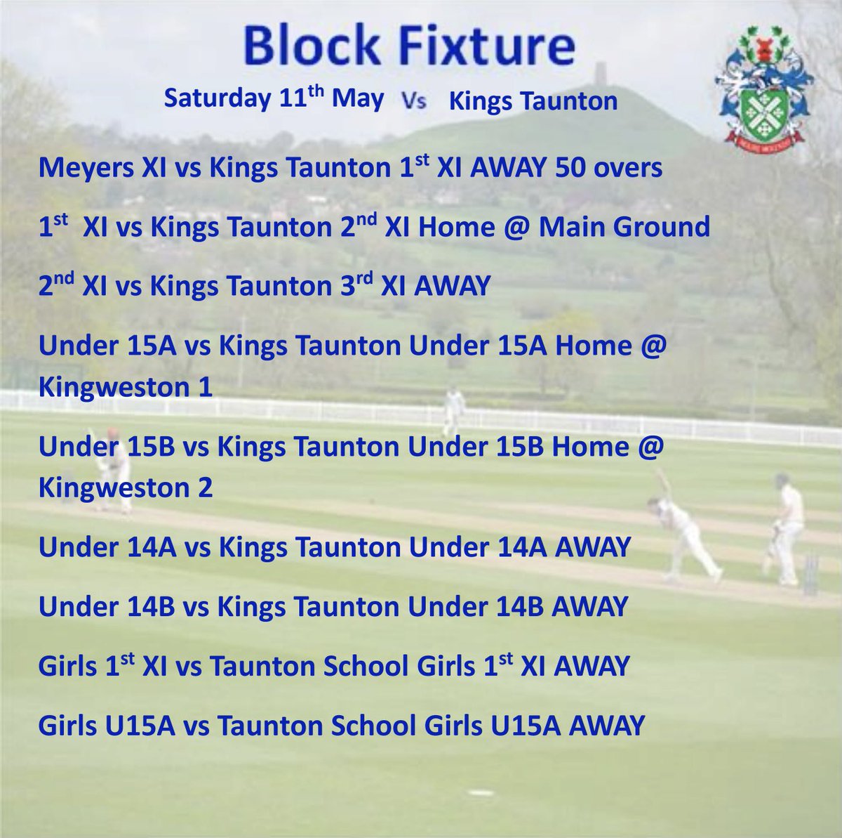The return of the King’s College block has arrived with some blockbuster fixtures💥 Also, the Girls have two fixtures away at Taunton School. Go well everyone☀️