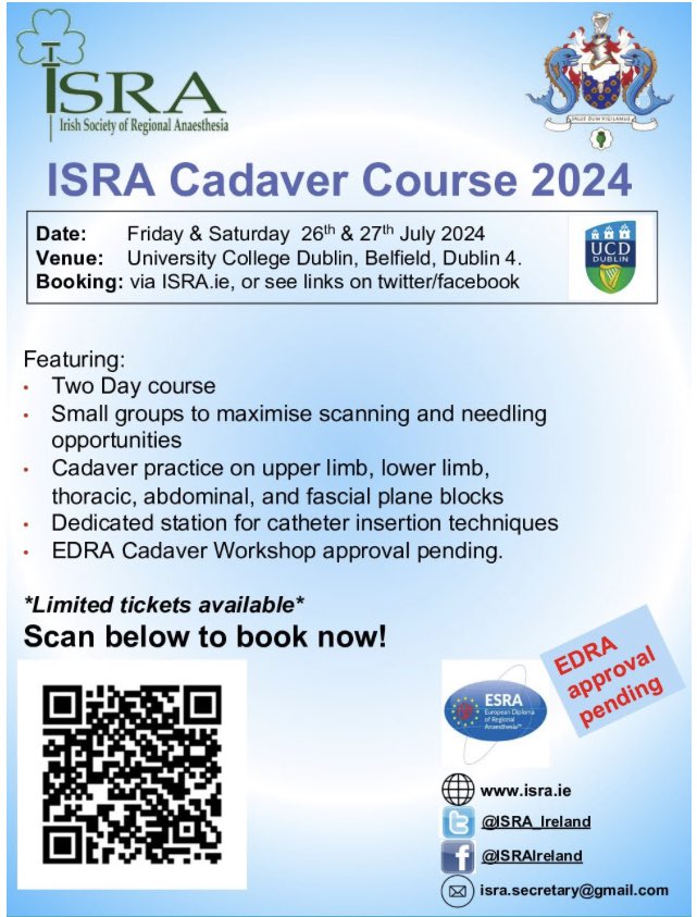 Tickets now available for upcoming ISRA Cadaver Course in UCD. EDRA cadaver workshop approval pending! Limited tickets available. @ISRA_Ireland @ryan_howle @conor_skerritt @NIRASociety @RegionalAnaesUK @DrGvalchev @ESRA_Society @ucddublin tickettailor.com/events/irishso…