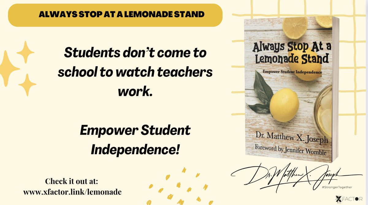 Students don’t come to school to watch teachers work. Empower Student Independence! Check it out at: xfactor.link/lemonade Thank you @JenWomble for the beautiful forward and @SMILELearning @mbfxc @AlefiyaEdu for you contributions. #StudentVoice #teaching