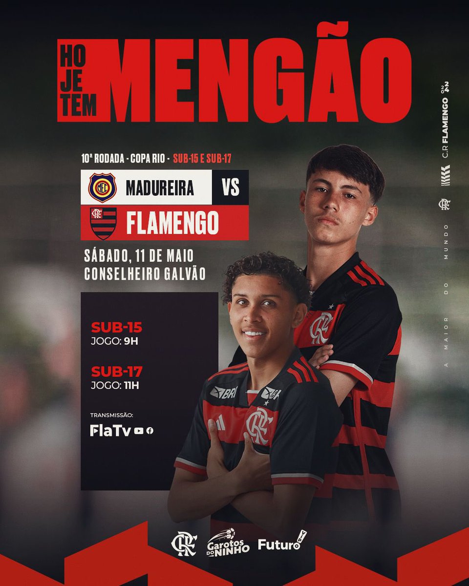 Hoje tem Mengão Sub-15 e Sub-17! 🔴⚫ Os #GarotosDoNinho enfrentam o Madureira, pela 10° rodada da Copa Rio. Primeiro, o Sub-15 entra em campo às 09h, e na sequência, a bola rola para o Sub-17 às 11h! Ambos os jogos serão em Conselheiro Galvão, com transmissão da FlaTV. Pra…