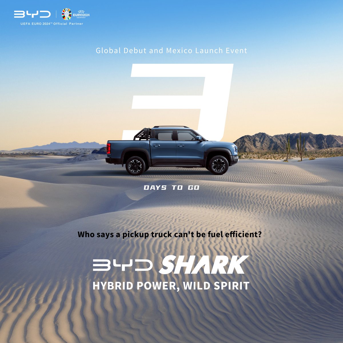 We're 3 days away from the BYD SHARK global debut and launch event in Mexico City, Mexico! Join us as we unveil the future of pickup truck innovations, challenging traditional notions of efficiency. 

🗓 May 14th at 10:30 AM (UTC-6)

#BYD #BuildYourDreams #BYDSHARK