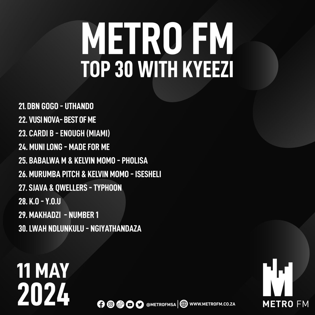 The 30 biggest songs on the chart this week! #METROFMTop30WithKyeezi @kyeezi 🎉🎉 Number 1: @Tyllaaaaaaa - Art.