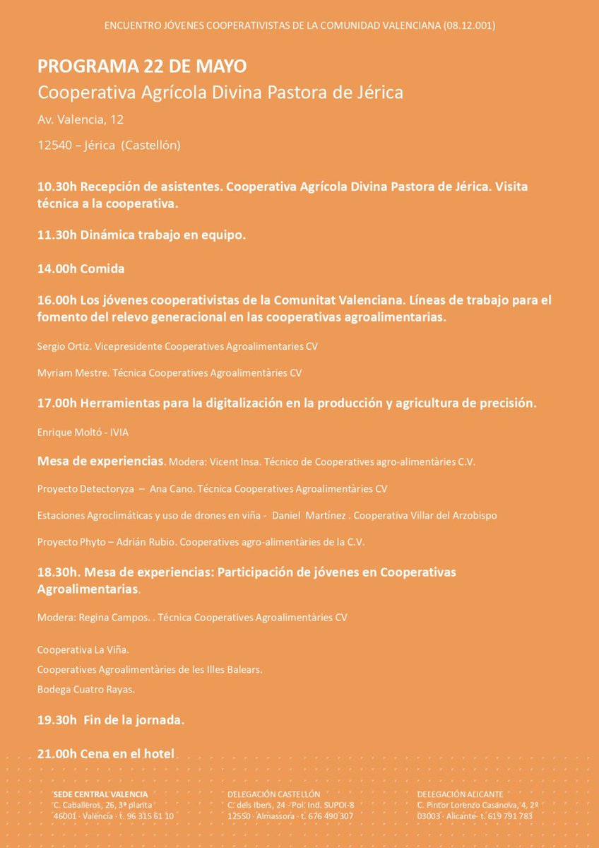 coopviver's tweet photo. I Encuentro de Jóvenes Cooperativistas de la Comunitat Valenciana. Una gran oportunidad para abordar los retos de futuro del #cooperativismo agroalimentario. 22 y 23 de mayo, en Jérica y Viver. Totalmente gratis. Inscríbete antes del 16 de mayo👇🏼
https://t.co/X65pJhngQB
@mapagob https://t.co/o2f1vrdOhj