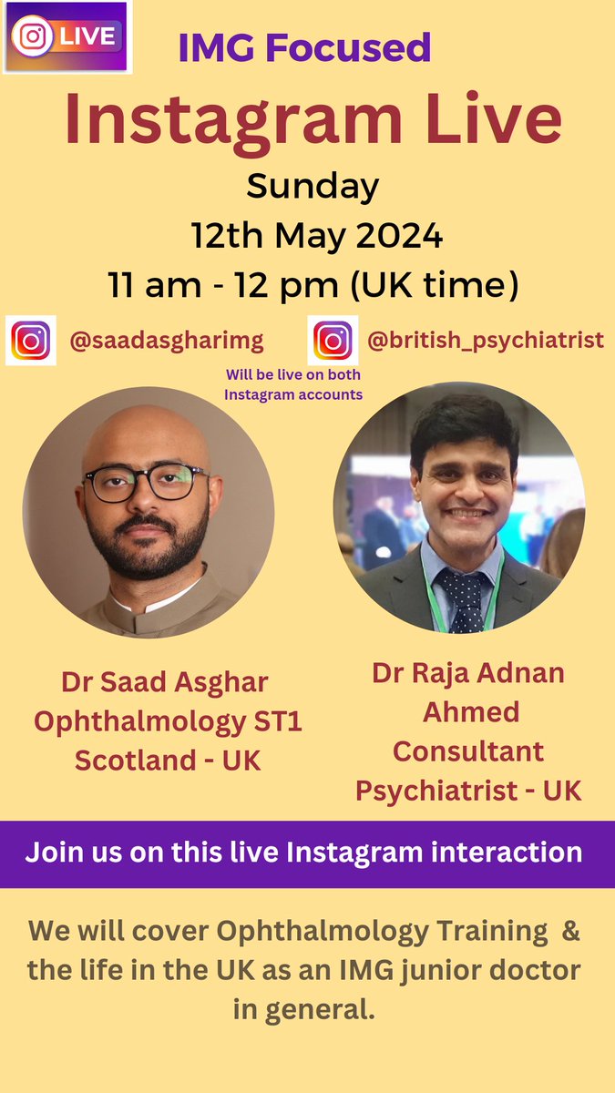 Instagram Live is coming up tomorrow IMG doctors consider Opthalmology as a near impossible speciality to get into. Not Impossible if you work hard & stay focused. Will be live 11am UK time tomorrow on instagram.com/saadasgharimg instagram.com/british_psychi…