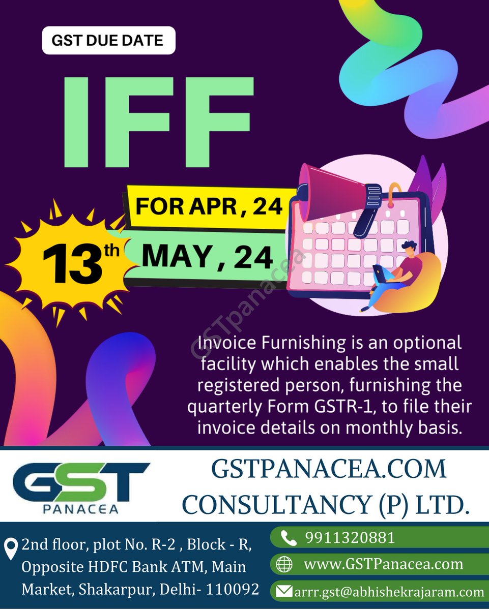 GST Due Date Reminder 
IFF For Apr,24

 #GSTReminder #IFFReminder #TaxFiling #BusinessCompliance