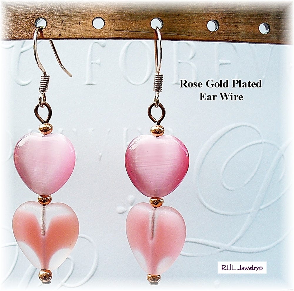 Pink Heart Earrings, Pink and Gold Dangle Earrings, Valentine Gifts E2012-22 tuppu.net/14c1ed61 #etsygifts ##chakra #CatsEyeEarrings