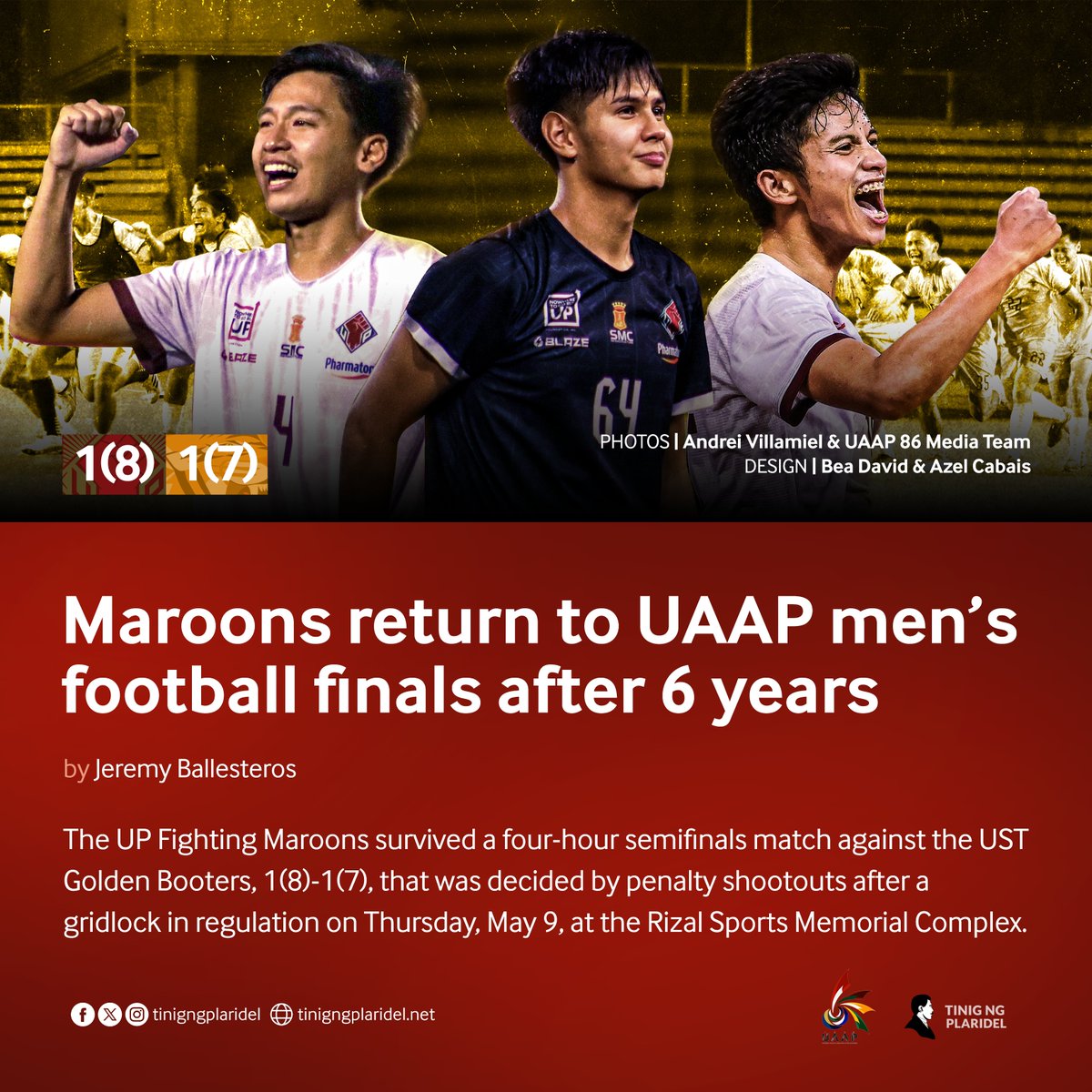 The UP Men’s Football team clinched their first UAAP finals berth since Season 80 after downing the UST Golden Booters in a close semifinals bout.

Read: tinigngplaridel.net/upmft-semis-ua…

#UPFight
#UAAPSeason86