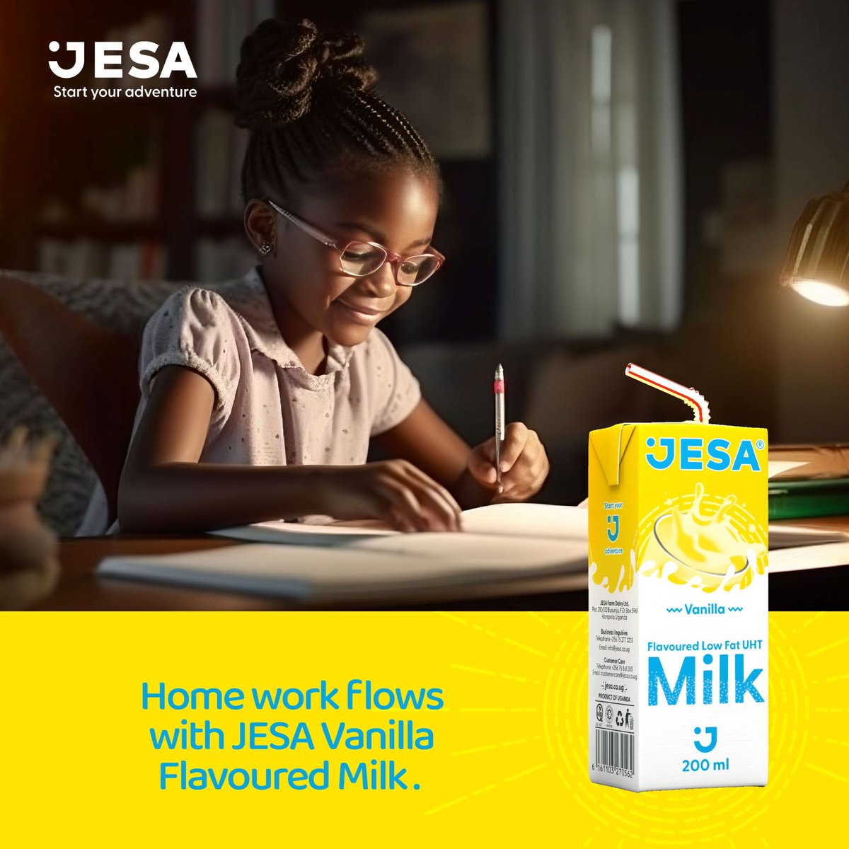 Milk contains Vitamin D which is very essential for your child’s brain development. Treat her to a JESA Flavoured milk as she gets her work done. #JESAStartYourAdventure