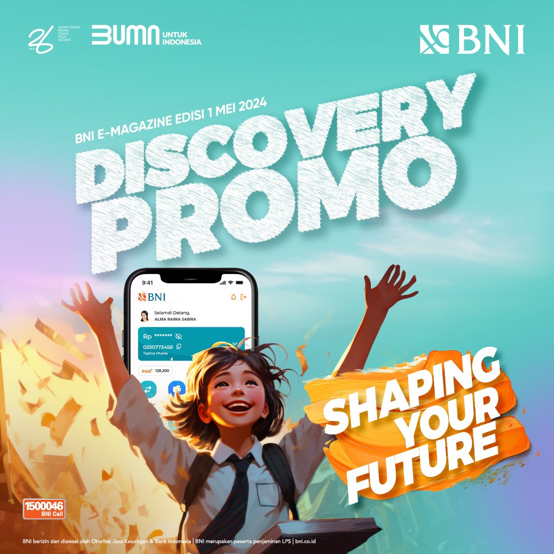 Tentukan arah masa depanmu bersama banyak kemudahan yang terangkum dalam BNI eMagazine Discovery Promo edisi 1 Mei 2024.  Dapatkan talangan dana Beasiswa untuk S1, S2 dan S3 dengan suku bunga 0,73% eff. Per bulan dari BNI Fleksi.  Dapatkan diskon setiap hari hingga Rp65 Ribu di…