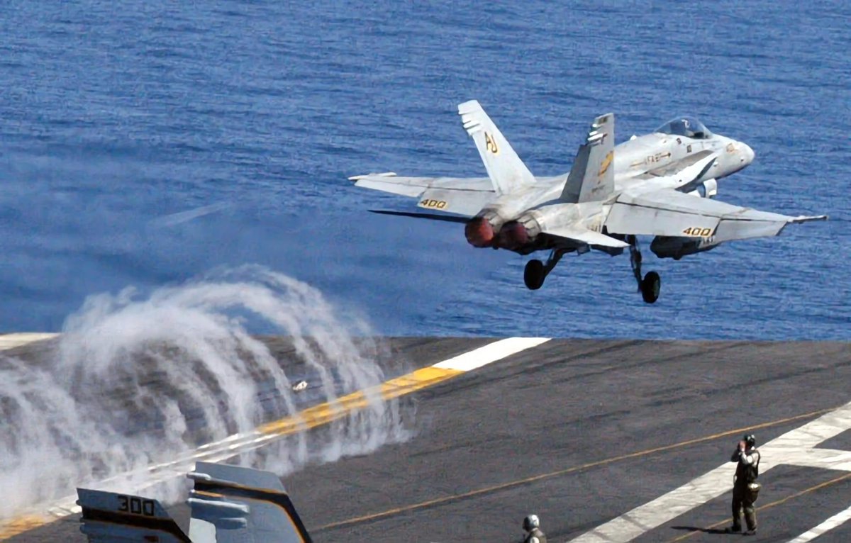 Launch! An F/A-18C from VFA-15 'Valions' launching USS Theodore Roosevelt (CVN-71) (Circa May 2003). During launch, an F/A-18 accelerates from 0 to 165 mph in <2 seconds, resulting in a G-force of around 4 Gs on the aircraft and pilot. credit Air Power
