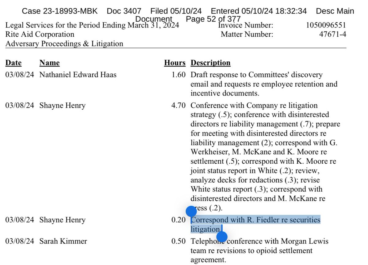 Look what I found. Another company in bankruptcy with securities litigation. RiteAid this time.  

I’ve been saying this for a while. Kirkland is on a mission. That’s Ross Fiedler, I first heard that name in the $BBBY bankruptcy. RICO