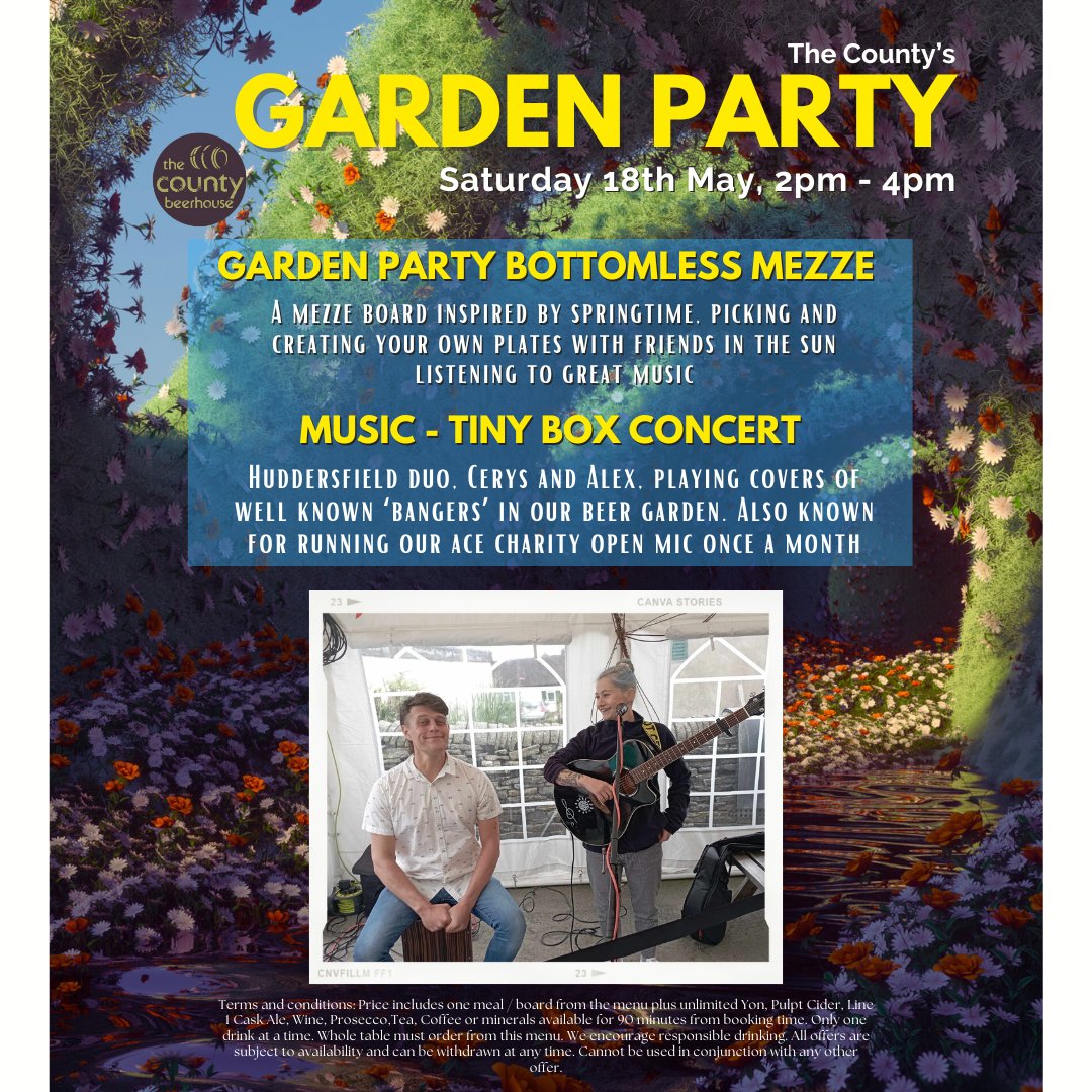 The weather has been amazing this weekend which makes this event is one you wont want to miss! On Sat 18th May from 2pmwe've got a garden party with bottomless drinks & food along with music from Tiny Box Concert All bookings start from 2pm, drop us a message to get booked in