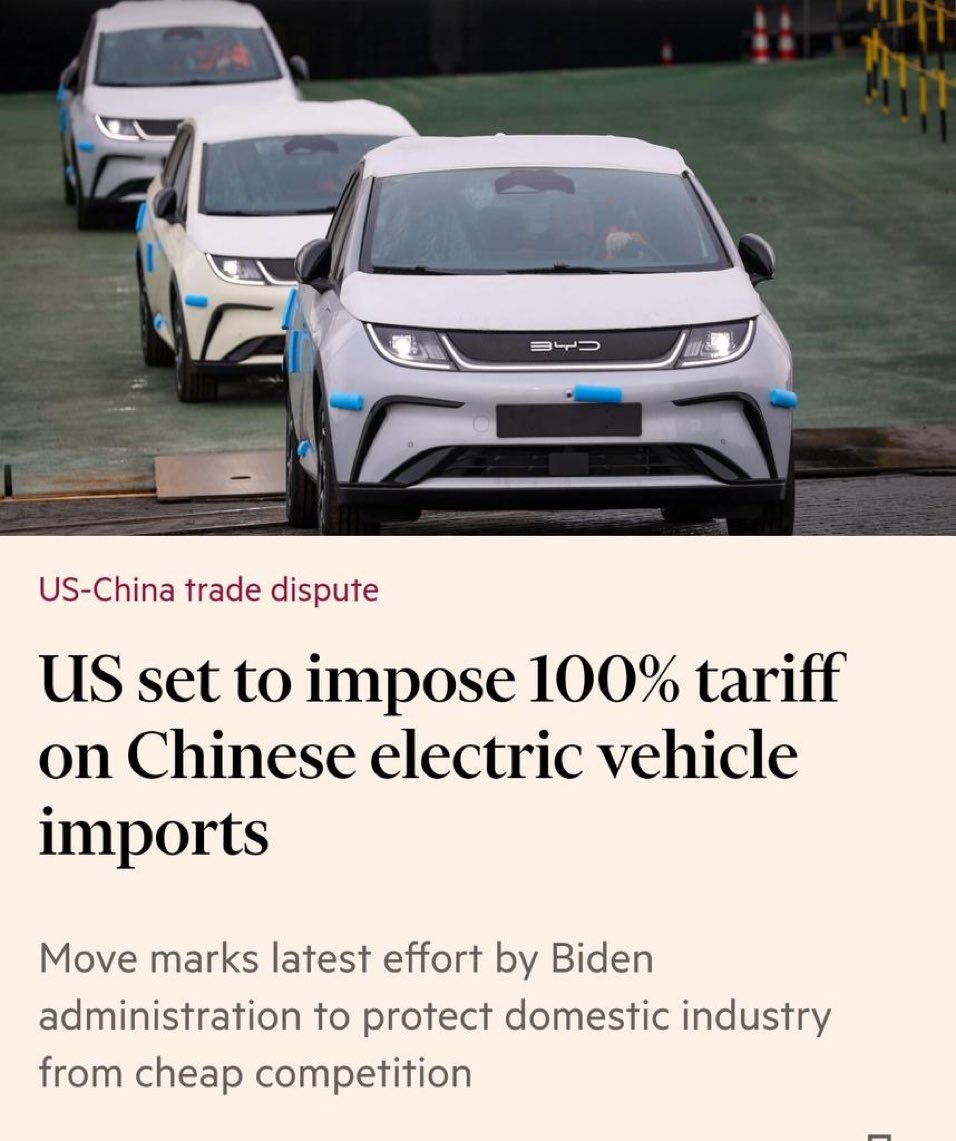 🇺🇸🇨🇳 100% tariffs on EVs, wow.

Globalization is ending, instantly once the U.S. can’t compete.
