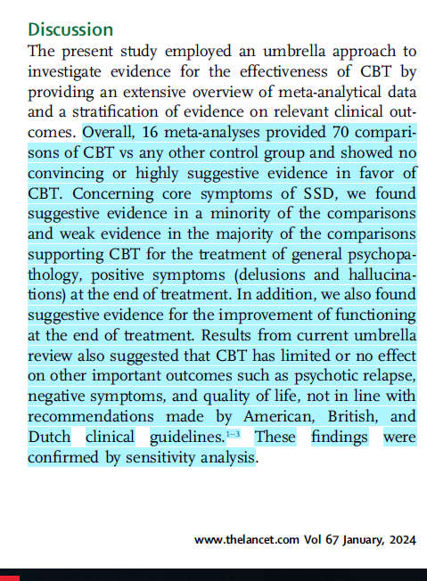 CBT for the treatment of schizophrenia spectrum disorders: an umbrella review of meta-analyses of randomised controlled trials thelancet.com/journals/eclin… 'For now, we propose that clinical guidelines concerning CBT for SSD should reconsider their recommendations'