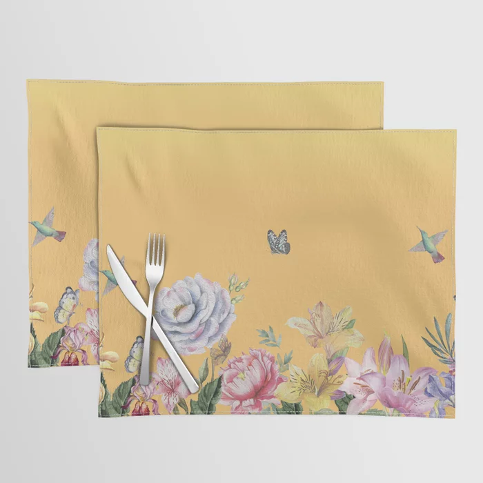 A Beautiful Summer Morning With Flowers Butterflies And Birds Placemats. Lovely for the summer! society6.com/product/a-beau…
