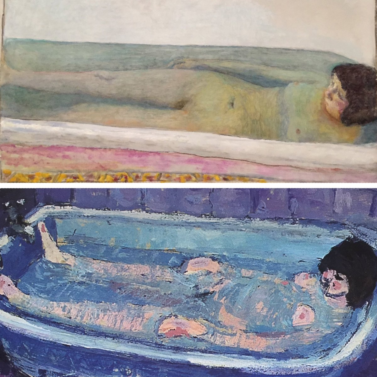 Top: “Bath: Baignoire (Le Bain)” by Pierre Bonnard [detail], 1925, oil on canvas. Below: “Untitled (girl in bath)” by Pauline Boty [detail], c.1957, watercolour on paper. . Composition by paulineboty.org
