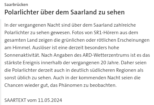 #SKK20240511 #SAARTEXT In der vergangenen Nacht sind über dem Saarland zahlreiche Polarlichter zu sehen gewesen. | Auch in der kommenden Nacht seien die Chancen wieder gut | #Saarland #Polarlichter #Polarlicht #Phänomen #Himmel #Sonnenaktivität #Wetterzentrum