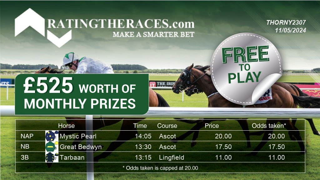 My #RTRNaps are:

Mystic Pearl @ 14:05
Great Bedwyn @ 13:30
Tarbaan @ 13:15

Sponsored by @RatingTheRaces - Enter for FREE here: bit.ly/NapCompFreeEnt…